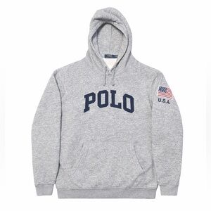 Polo Ralph Lauren USA Flag Patch Gray Fleece Hoodie XL Men's Pullover